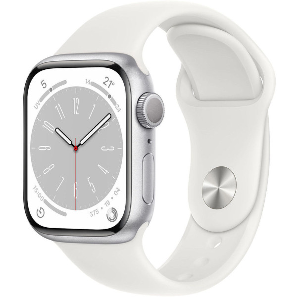 Смарт-часы Apple Watch Series 8 41 мм (алюминиевый корпус, серебристый/белый, спортивный силиконовый ремешок)