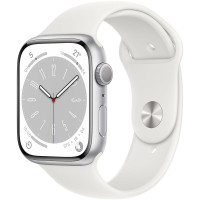 Смарт-часы Apple Watch Series 8 45 мм (алюминиевый корпус, серебристый/белый, спортивный силиконовый ремешок)