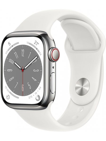 Смарт-часы Apple Watch Series 8 LTE 41 мм (корпус из стали, серебристый/белый, силиконовый ремешок)