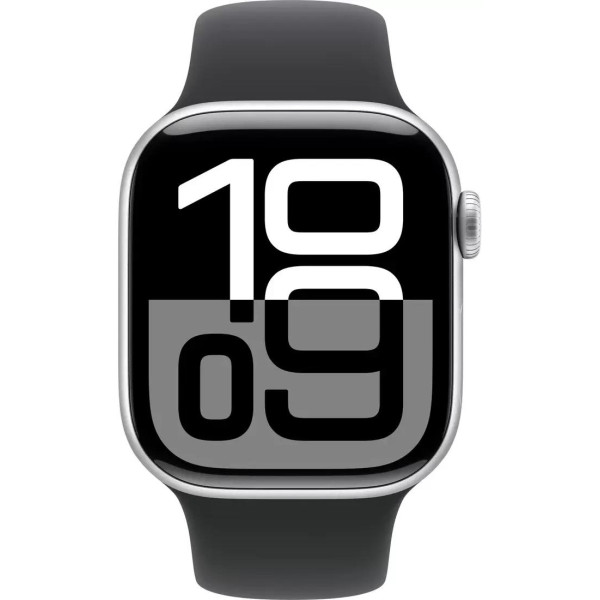 Умные часы Apple Watch Series 10 42 мм (алюминиевый корпус, серебристый/черный, спортивный силиконовый ремешок S/M)