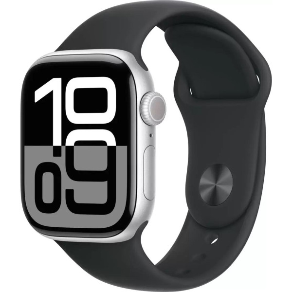 Умные часы Apple Watch Series 10 46 мм (алюминиевый корпус, серебристый/черный, спортивный силиконовый ремешок S/M)