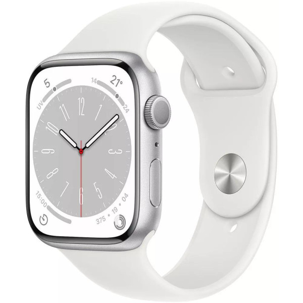 Умные часы Apple Watch Series 8 LTE 45 мм (алюминиевый корпус, серебристый/белый, спортивный силиконовый ремешок)