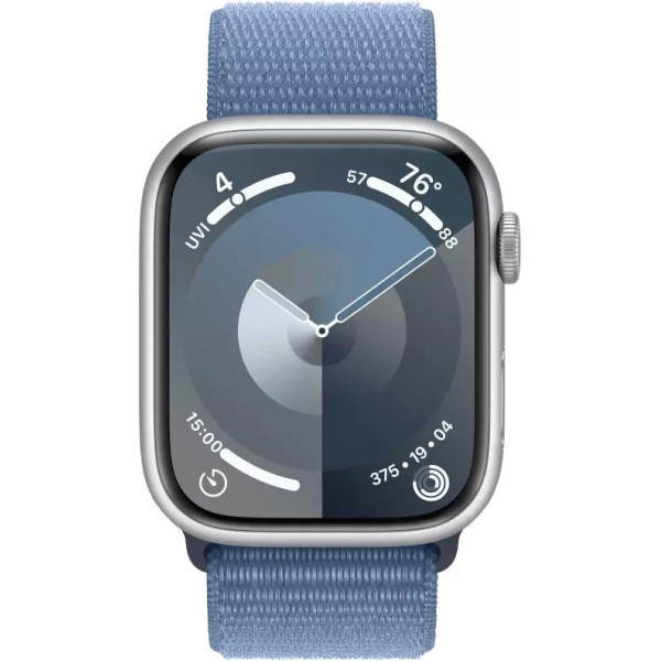 Умные часы Apple Watch Series 9 45 мм (алюминиевый корпус, серебристый/зимний синий, спортивный нейлоновый ремешок)