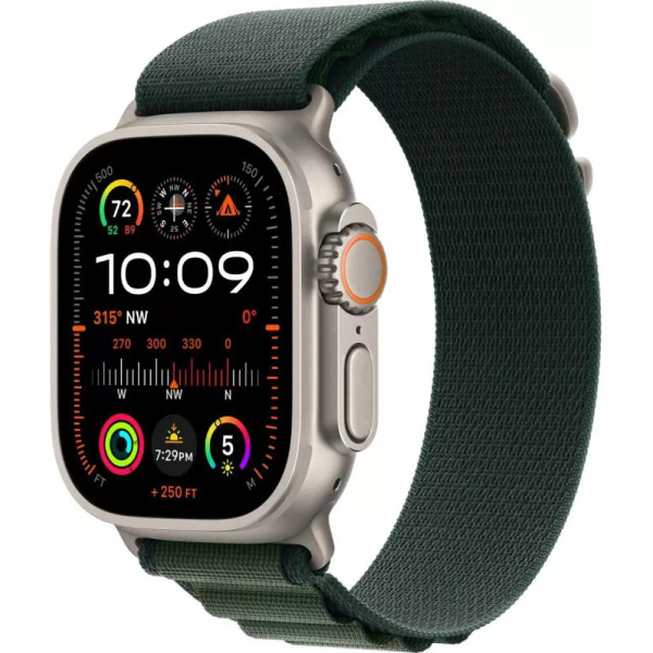 Умные часы Apple Watch Ultra 2 LTE 49 мм (титановый корпус, титановый/темно-зеленый, ремешок из полиэстера L)