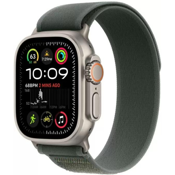 Умные часы Apple Watch Ultra 2 LTE 49 мм (титановый корпус, титановый/зеленый, нейлоновый ремешок M/L)