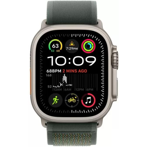 Умные часы Apple Watch Ultra 2 LTE 49 мм (титановый корпус, титановый/зеленый, нейлоновый ремешок M/L)