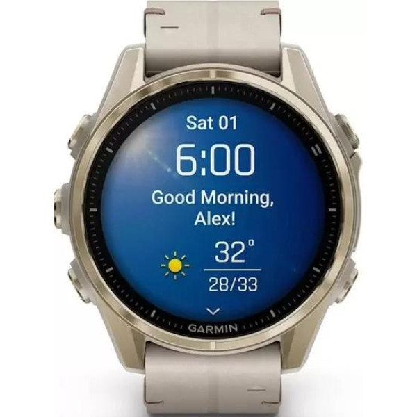 Умные часы Garmin Fenix 8 Sapphire 43мм (золотистый, серый кожаный ремешок)