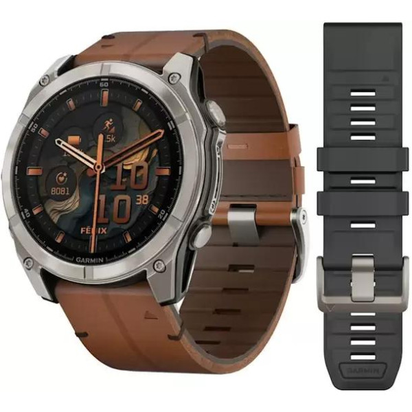 Умные часы Garmin Fenix 8 Sapphire 51мм (титановый, каштановый кожаный ремешок)